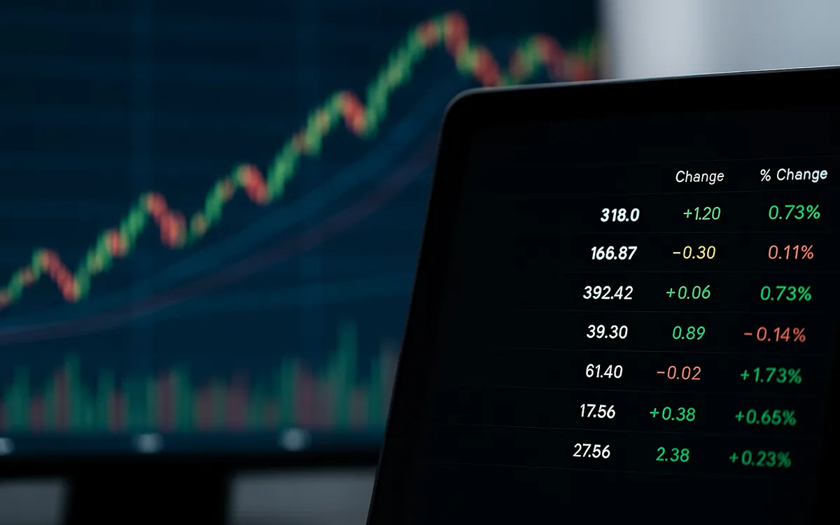 Stock market screens showing a candlestick chart and a list of price changes with positive and negative percentages.