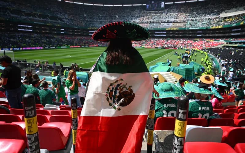 A person wearing a sombrero and draped in a Mexican flag stands in a stadium, watching a soccer match with a lively crowd.