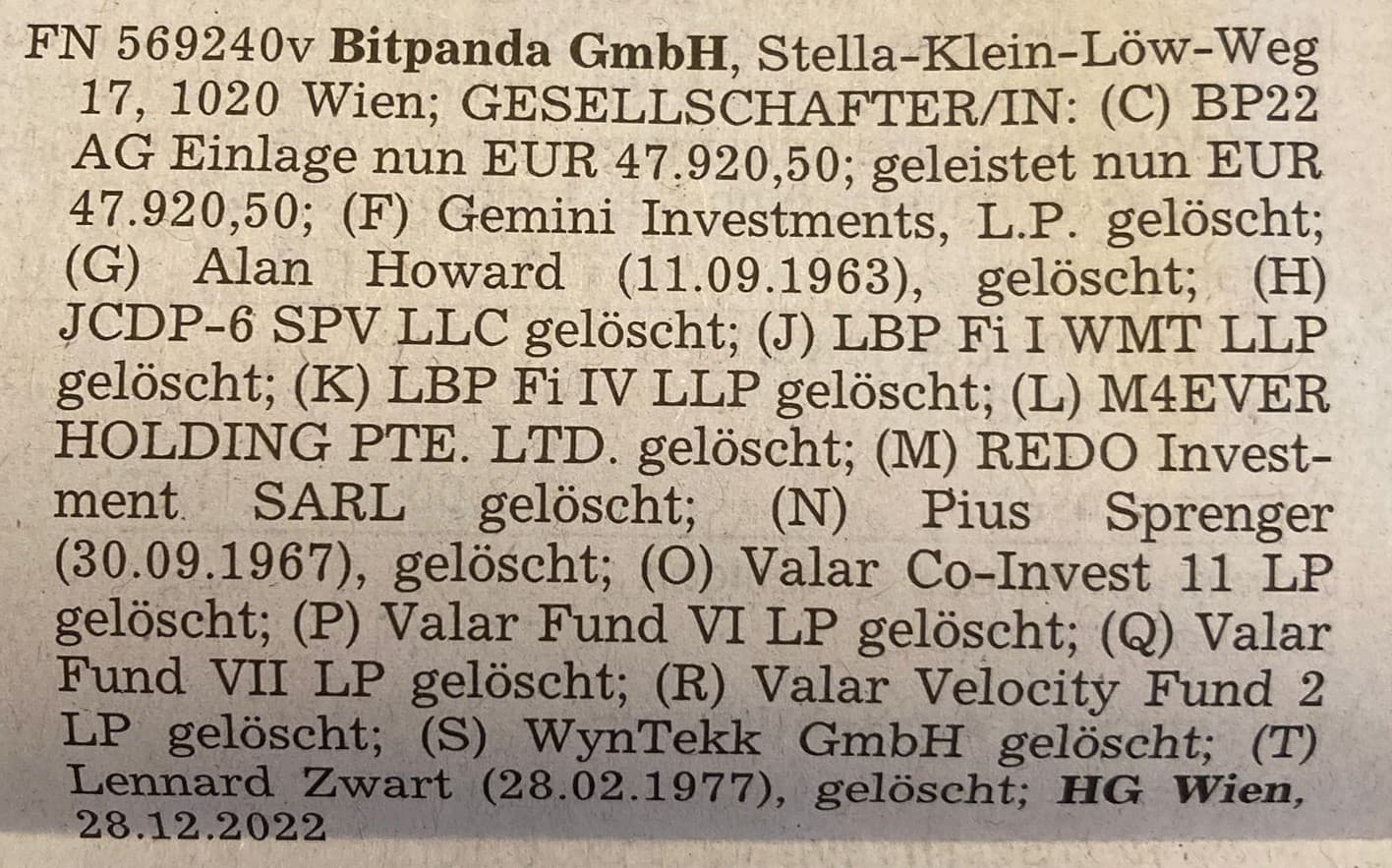 Bitpanda Investoren Valar und Gemini